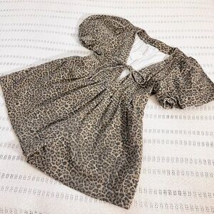 Leopard Print Denim Romper with Puff Sleeves